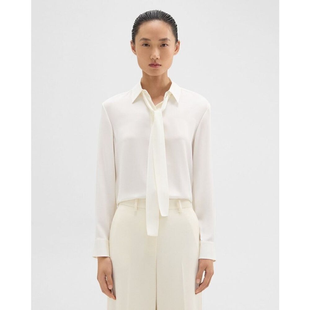 Theory Women's Ivory Silk Georgette Tie Neck Button Down Blouse Size Large NWOT